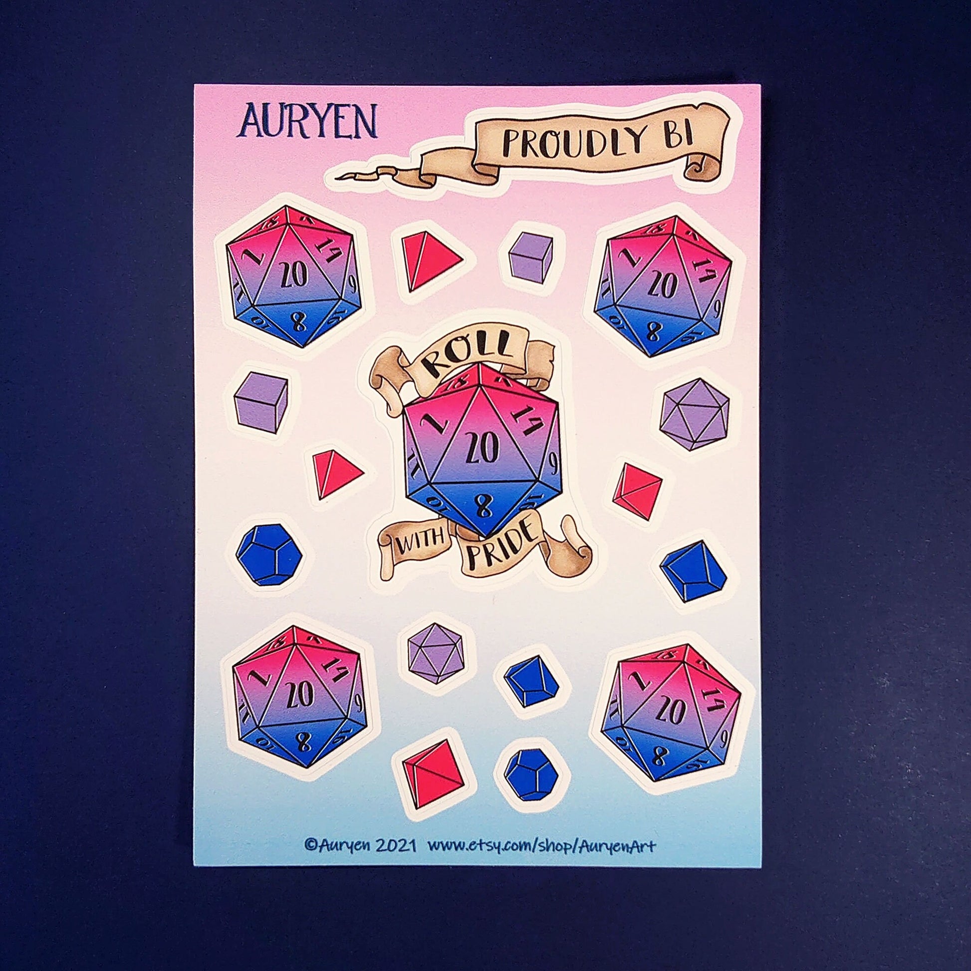 Bisexual/Bi - D20 Pride Sticker Sheet - Decoration, Roleplaying, Scrapbooking Vinyl Sticker Sheet